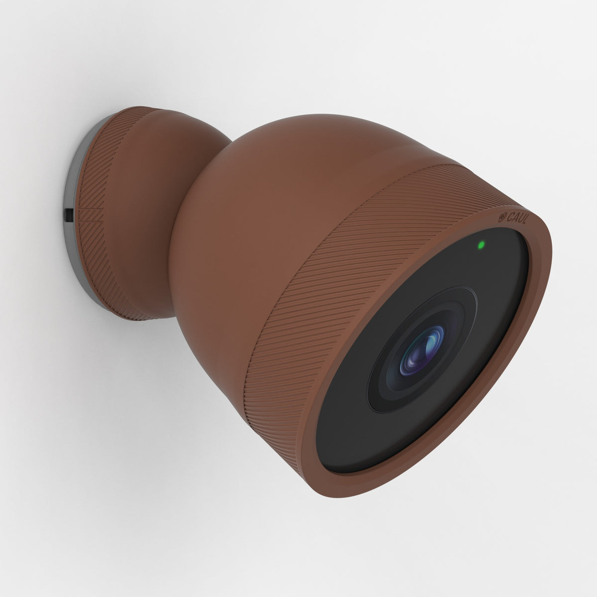 Caul Cover for Google Nest Cam Outdoor (Wired, 2nd Gen), Mocha, mounted on wall