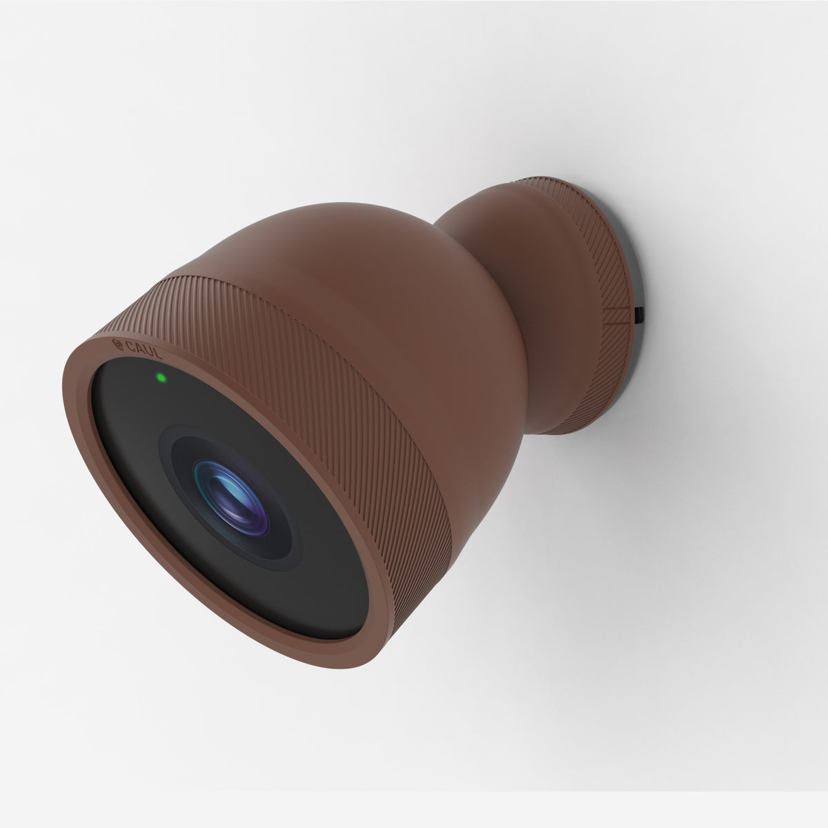 Caul Cover for Google Nest Cam Outdoor (Wired, 2nd Gen), Mocha, mounted on wall, opposite angle