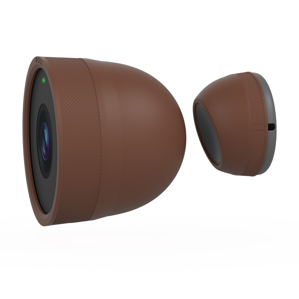 Caul Cover for Google Nest Cam Outdoor (Wired, 2nd Gen), Mocha, side view with mount cover
