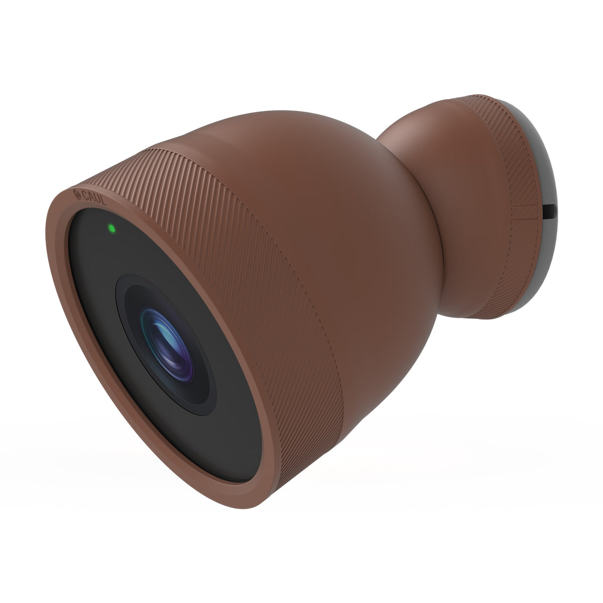 Caul Cover for Google Nest Cam Outdoor (Wired, 2nd Gen), Mocha, three-quarter view, angled down