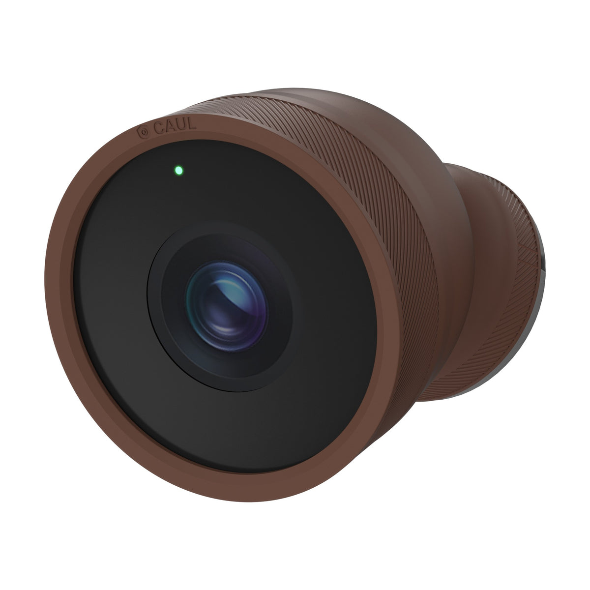 Caul Cover for Google Nest Cam Outdoor (Wired, 2nd Gen), Mocha, three-quarter front view, close