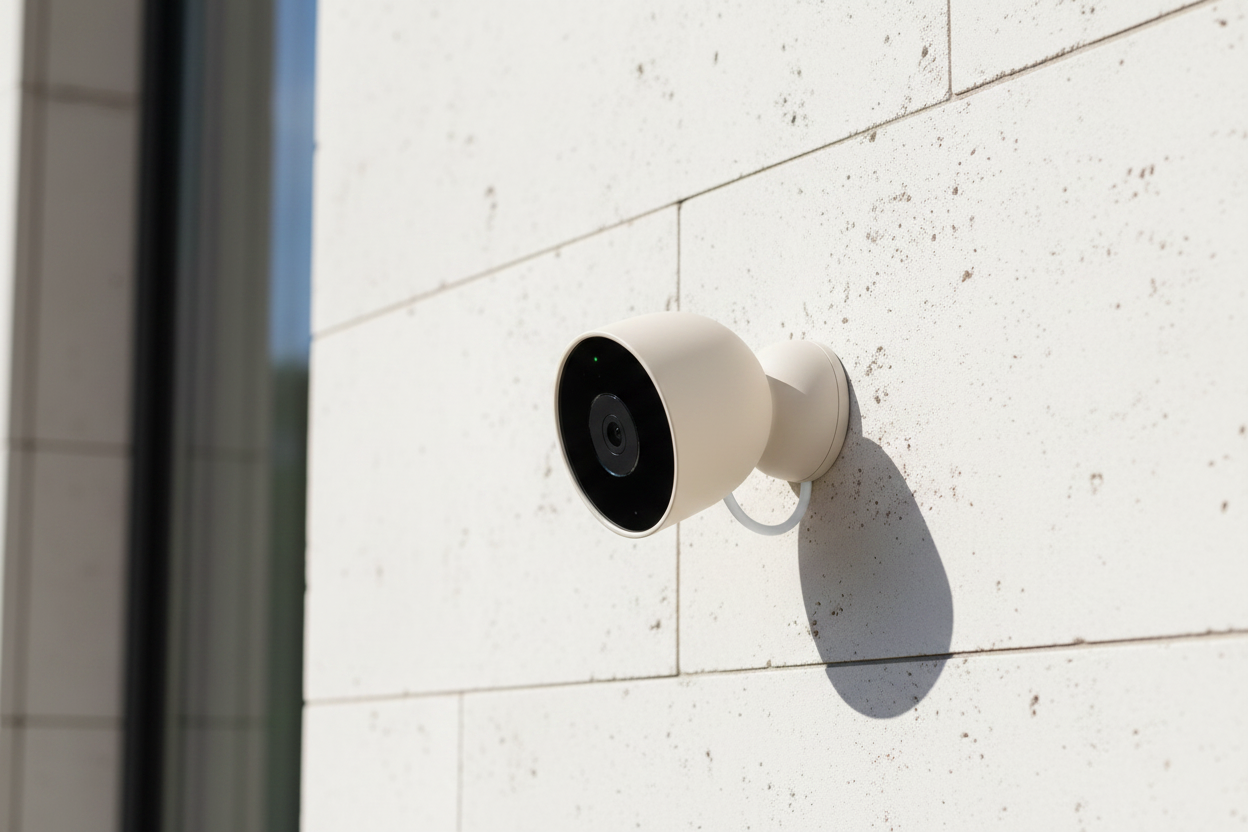 Google Nest Cam Outdoor with Bone silicone cover mounted on modern home exterior in bright daylight