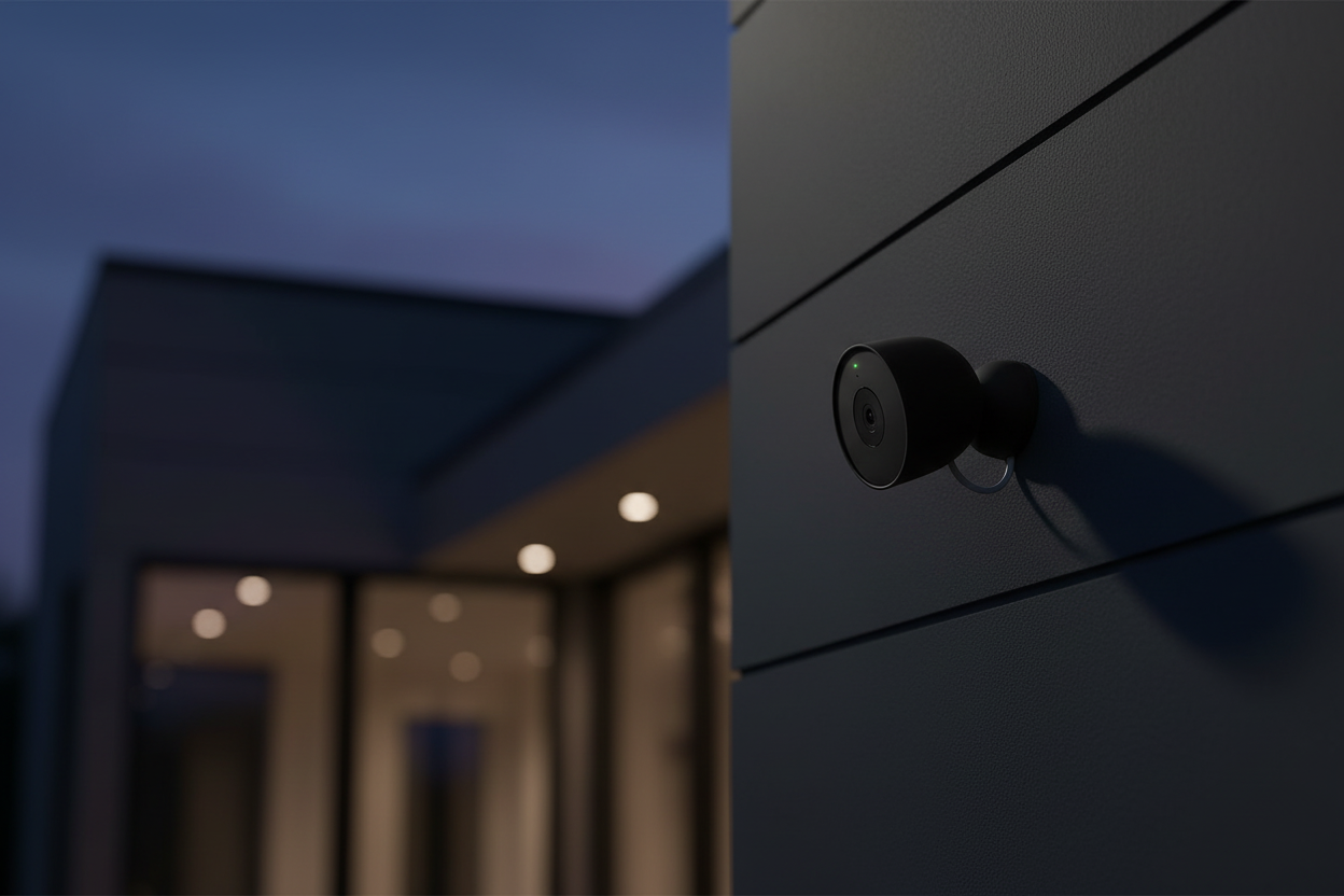 Google Nest Cam Outdoor with Charcoal silicone cover mounted on modern home exterior at dusk